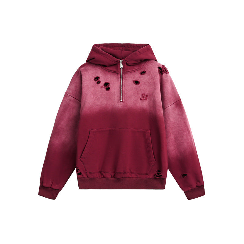 Unisex Oversize Hoodie with Half Zipper, Distressed Details and Kangaroo Pocket Mune Fashion