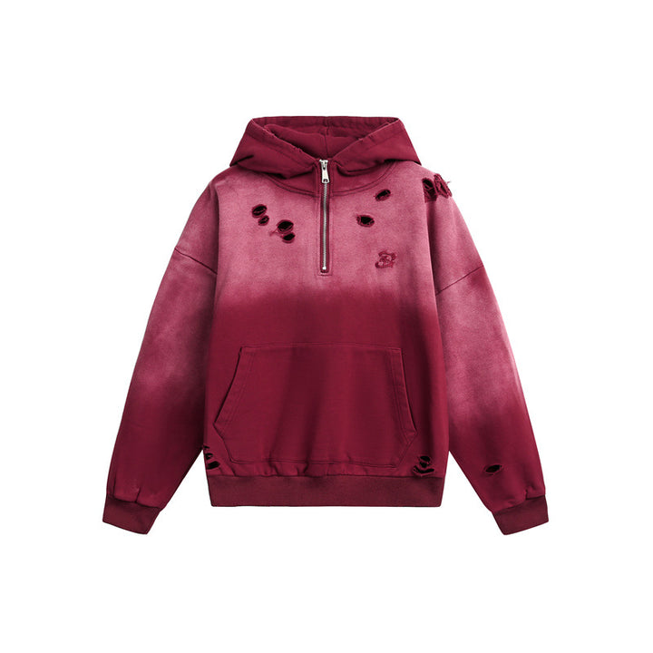 Unisex Oversize Hoodie with Half Zipper, Distressed Details and Kangaroo Pocket Mune Fashion