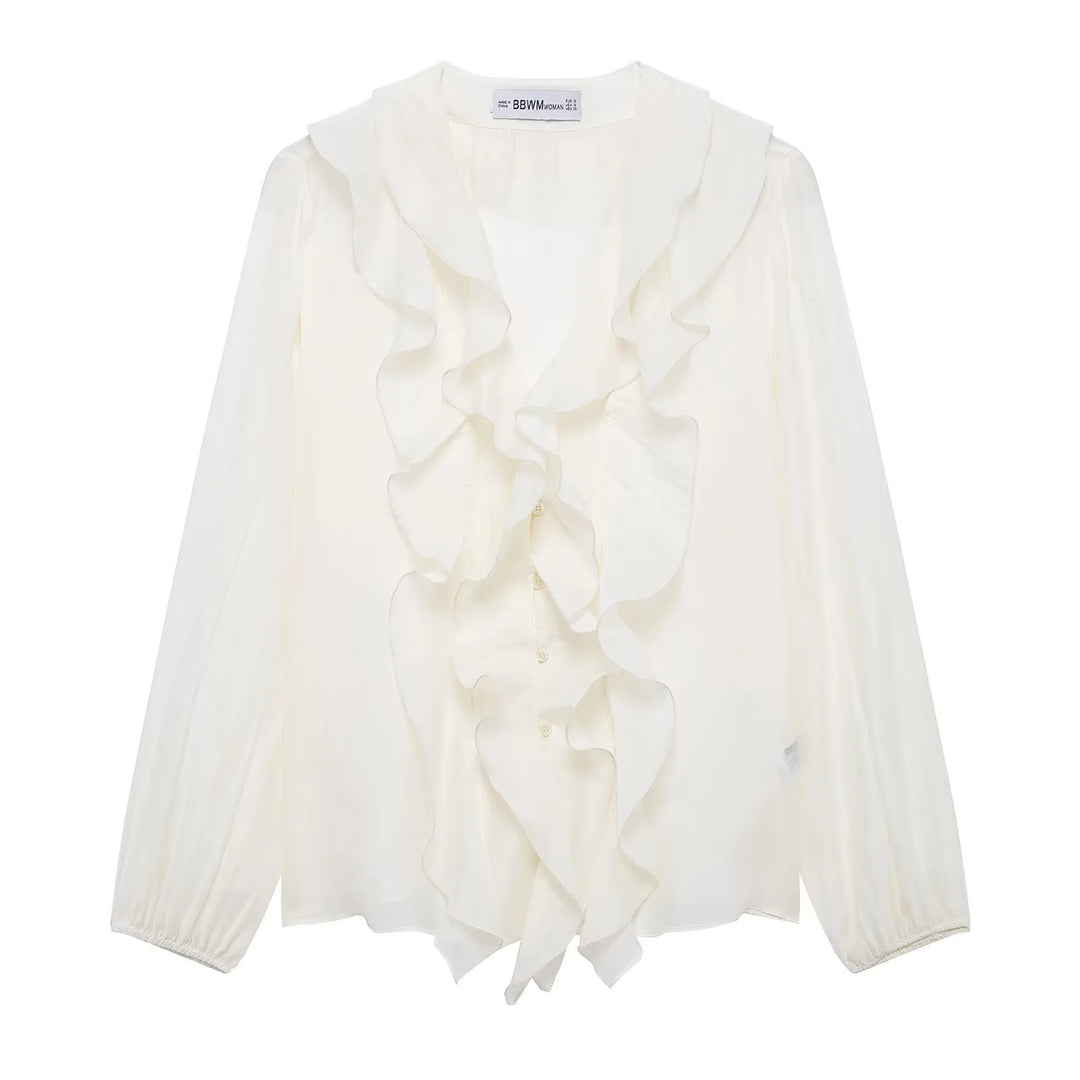 Women ruffled chiffon blouse with V-neck, continuous button placket and ruffle details Mune Fashion