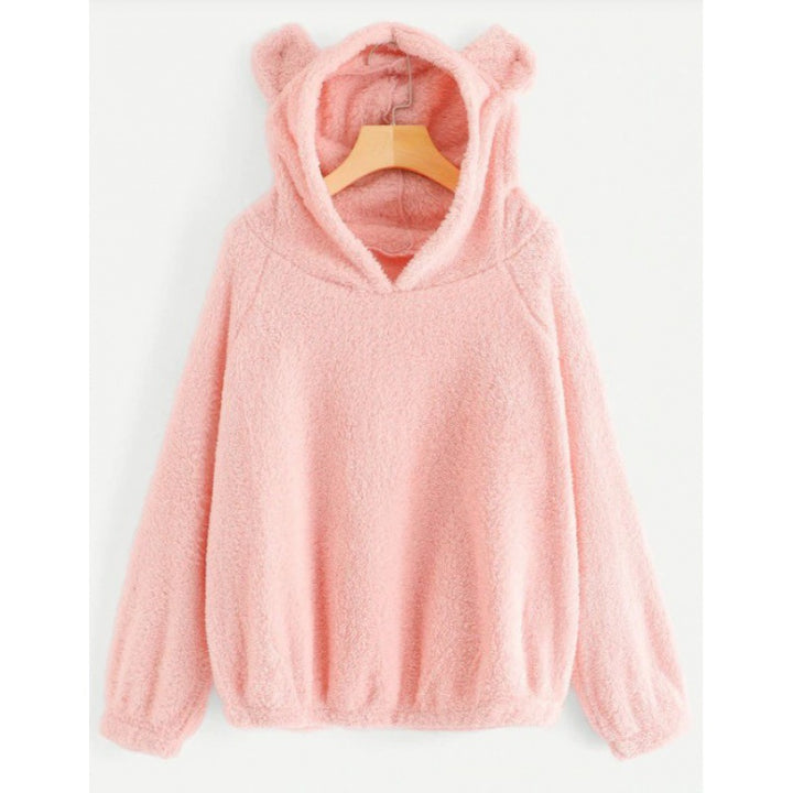Women's Cozy Teddy Hooded Sweater with Bear Ears and Drawstring Hem Mune Fashion