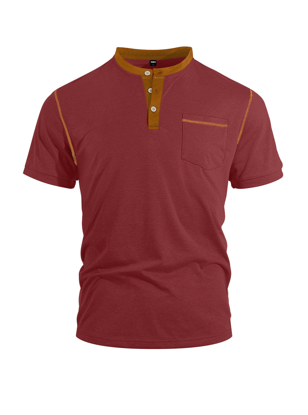 Men's short-sleeve band collar shirt with button placket, chest pocket, and flatlock seams Mune Fashion
