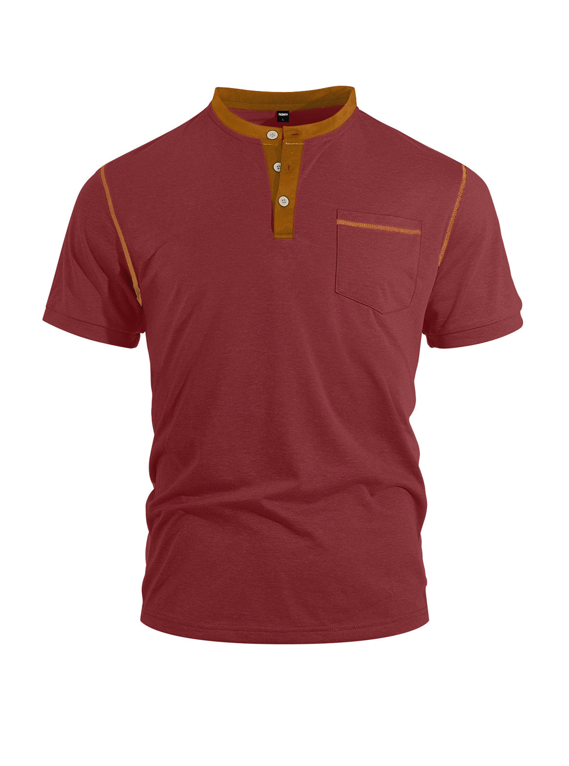 Men's short-sleeve band collar shirt with button placket, chest pocket, and flatlock seams Mune Fashion