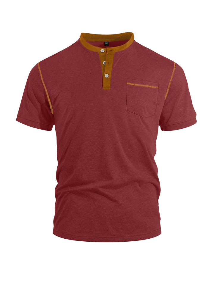 Men's short-sleeve band collar shirt with button placket, chest pocket, and flatlock seams Mune Fashion