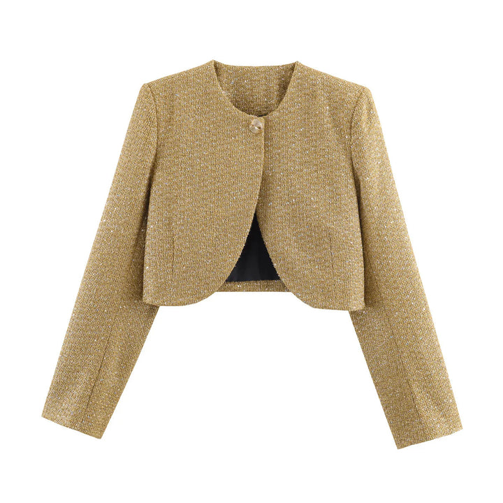 Women's Short Boucle Blazer Jacket with Round Neck and Decorative Button Mune Fashion