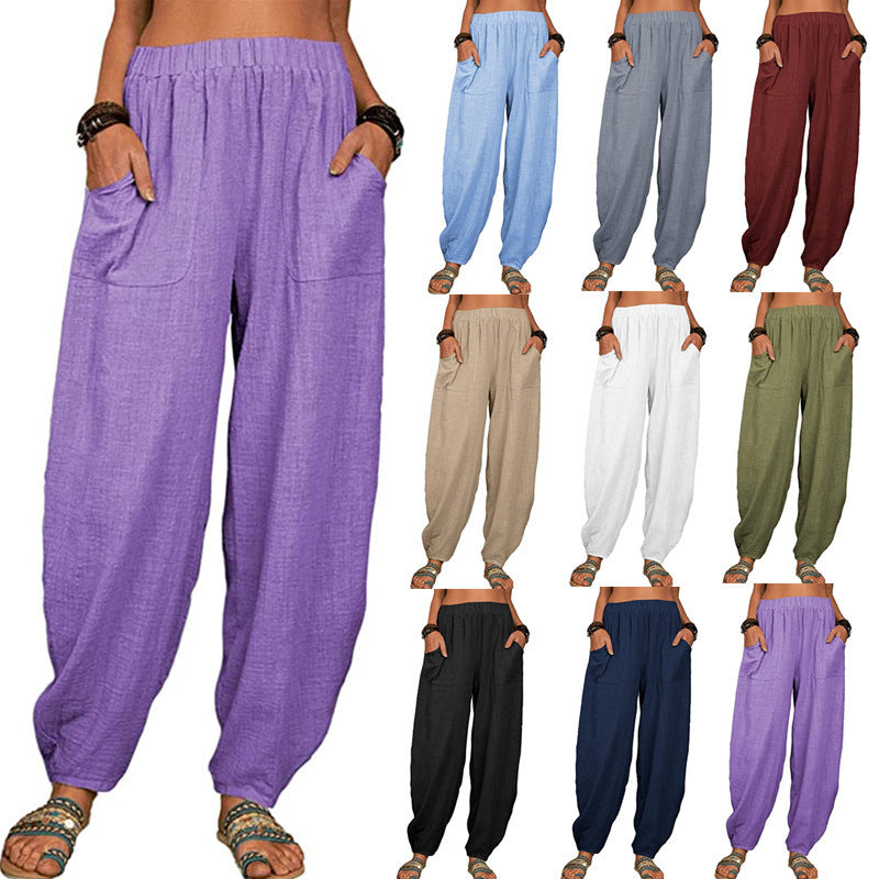 Women's relaxed linen pants with wide leg, elastic waistband and large patch pockets Mune Fashion