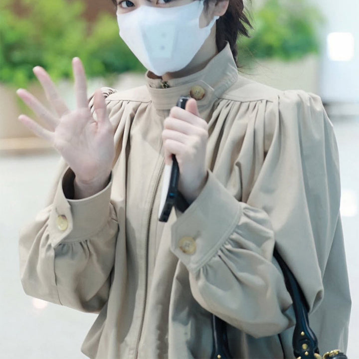 Women Lightweight Blouson Jacket with Balloon Sleeves and Stand-up Collar Mune Fashion