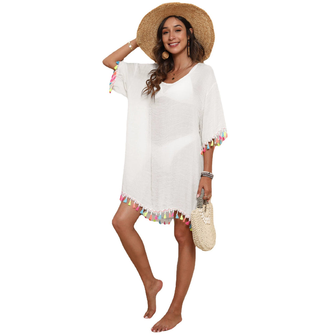 Women's airy beach cover-up with colorful tassel trim Mune Fashion