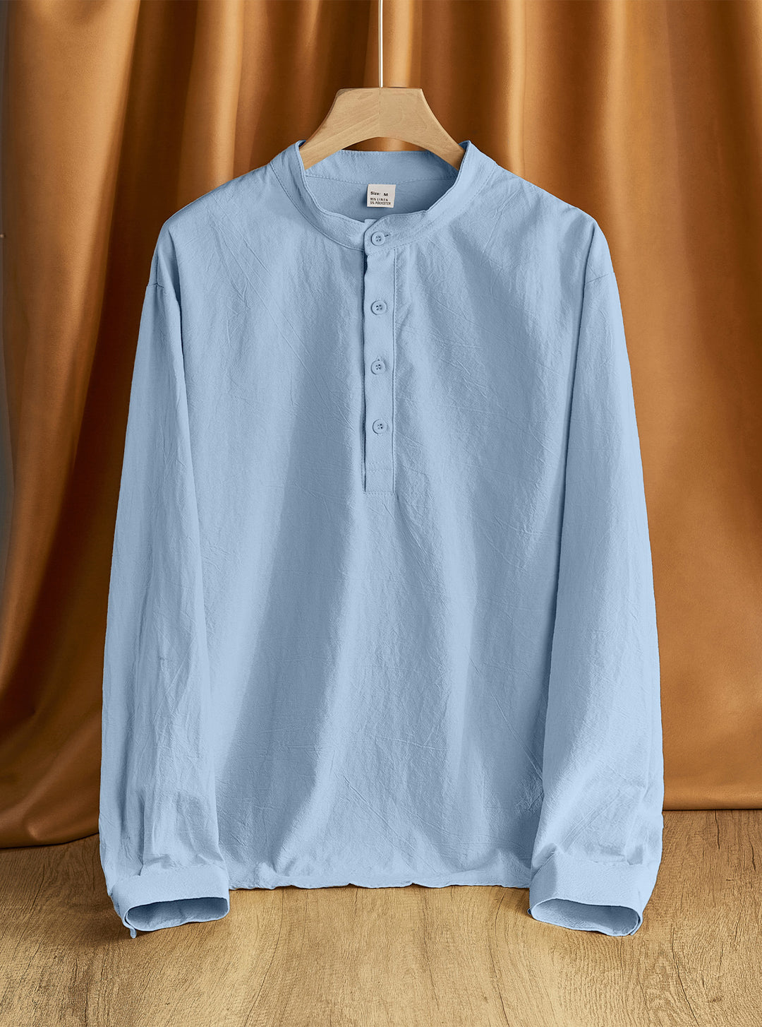 Men's Linen Blend Long Sleeve Henley Shirt with Stand Collar Mune Fashion