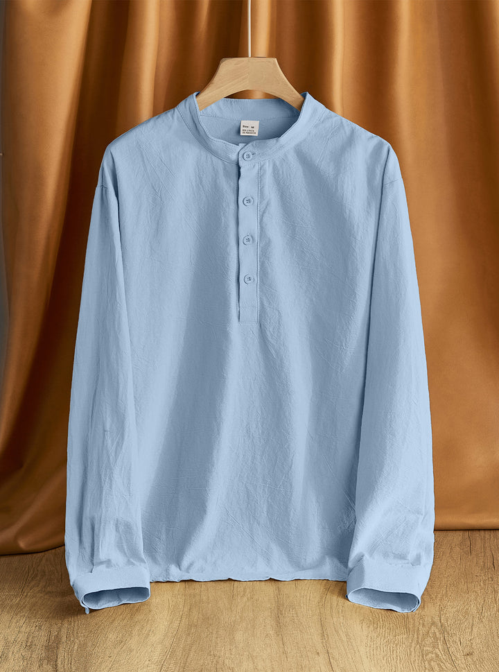 Men's Linen Blend Long Sleeve Henley Shirt with Stand Collar Mune Fashion