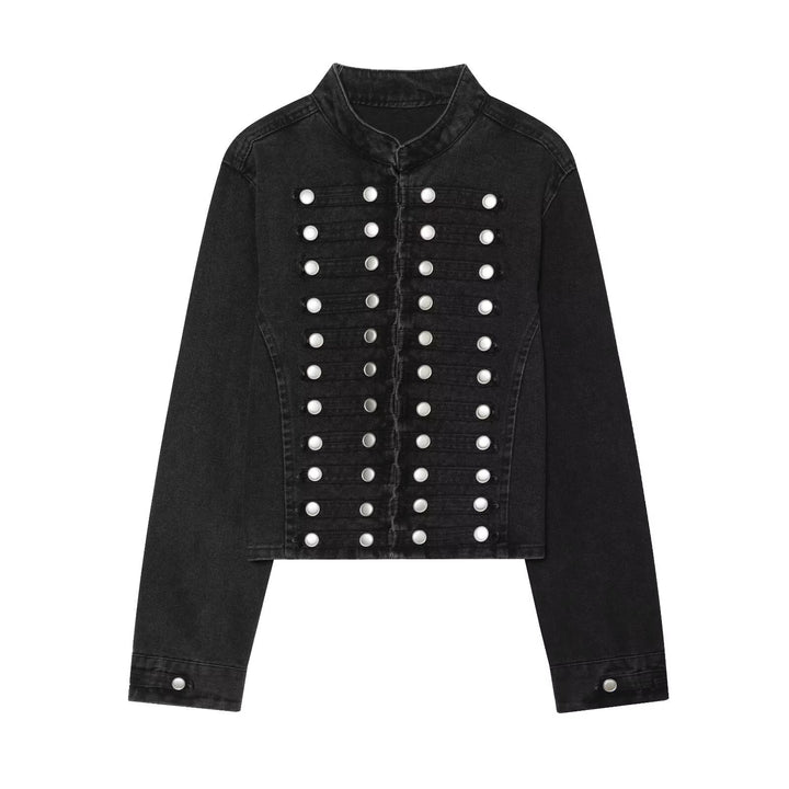 Ladies short cut denim jacket in military style with stand-up collar and decorative button rows Mune Fashion