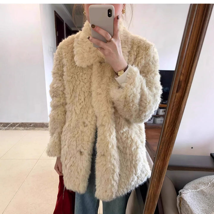 Women's Short Teddy Faux Fur Coat with Full Collar and Boxy Silhouette Mune Fashion