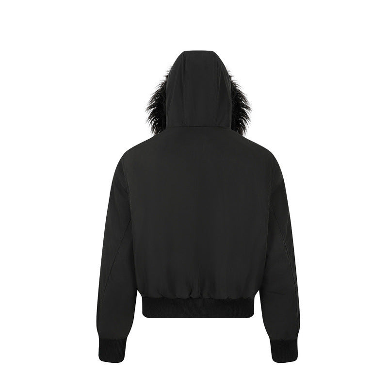 Women short-cut padded bomber jacket with faux fur hood and applied label patches Mune Fashion