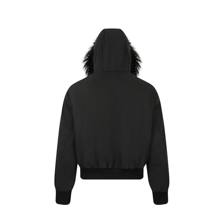 Women short-cut padded bomber jacket with faux fur hood and applied label patches Mune Fashion