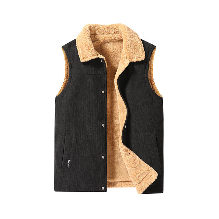 Men's Sleeveless Cord Utility Vest with Teddy Lining and Snap Button Front Mune Fashion
