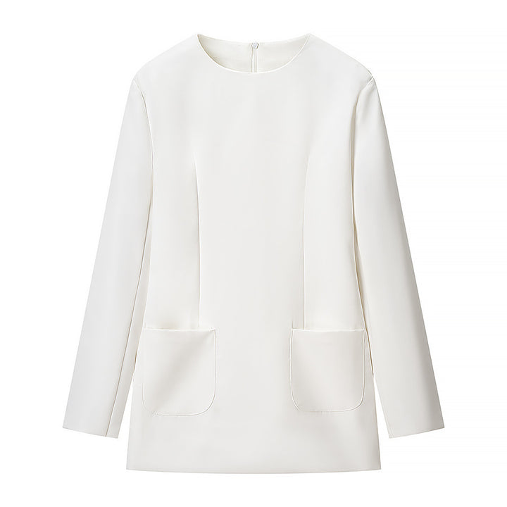 Women's short-cut shift dress with long sleeves and patch pockets Mune Fashion