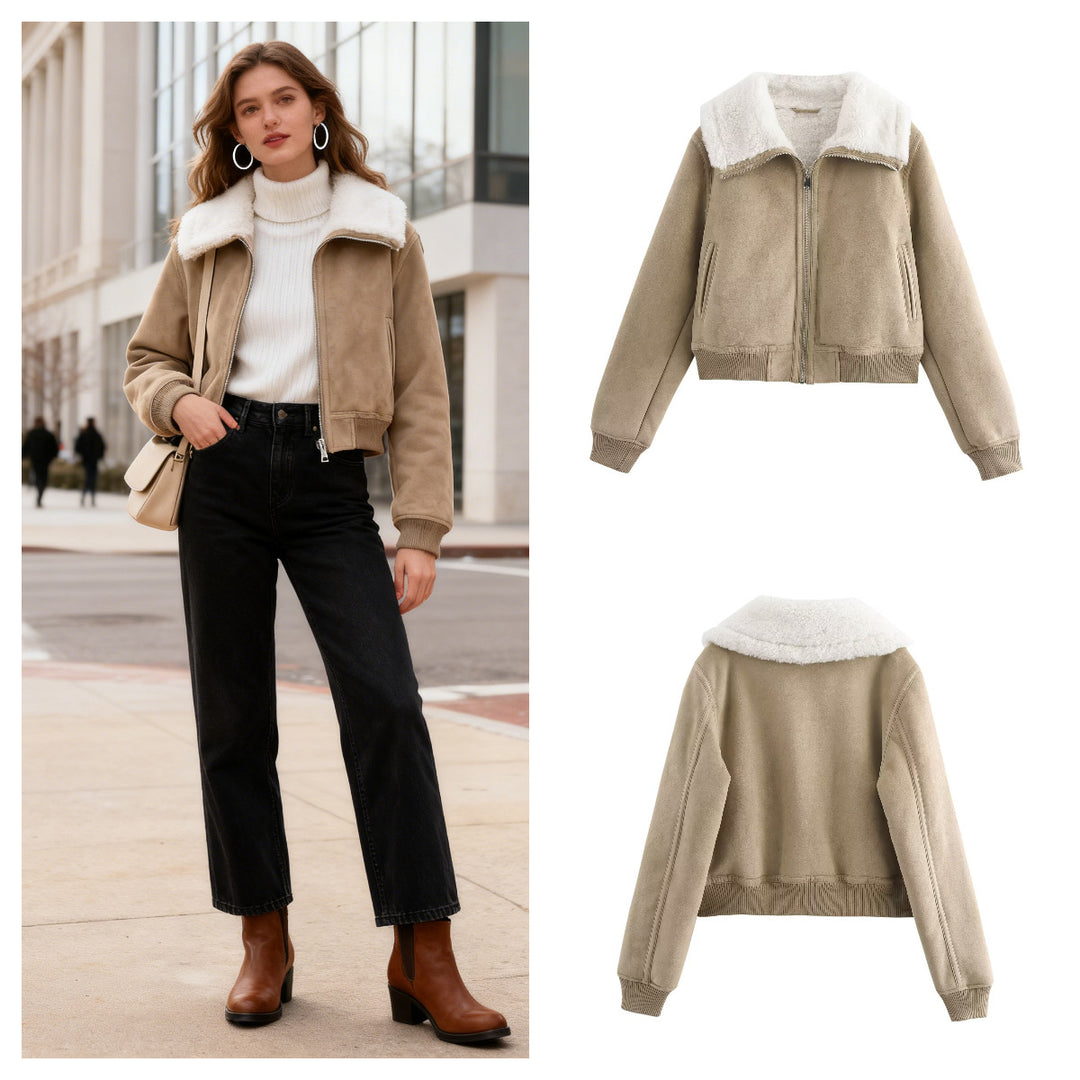 Women's short-cut faux suede bomber jacket with teddy lining, zip and ribbed cuffs Mune Fashion
