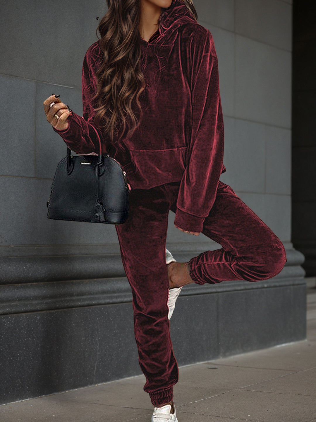 Women's Velvet Tracksuit with Hooded Hoodie, Kangaroo Pocket and Elastic Cuff Pants Mune Fashion