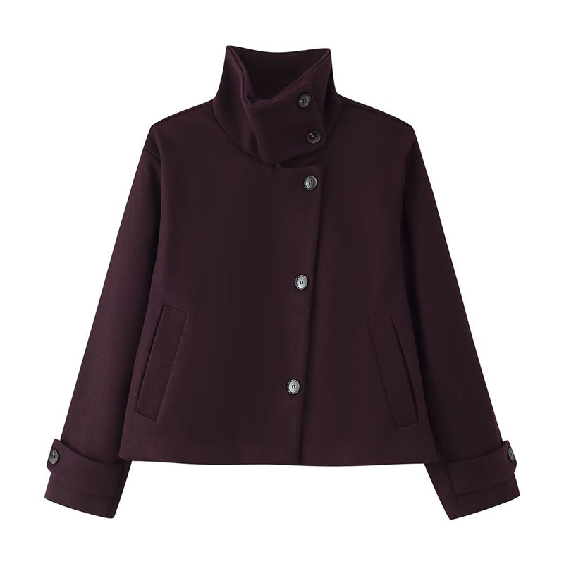 Women short boxy wool jacket with stand-up collar and cuffs Mune Fashion