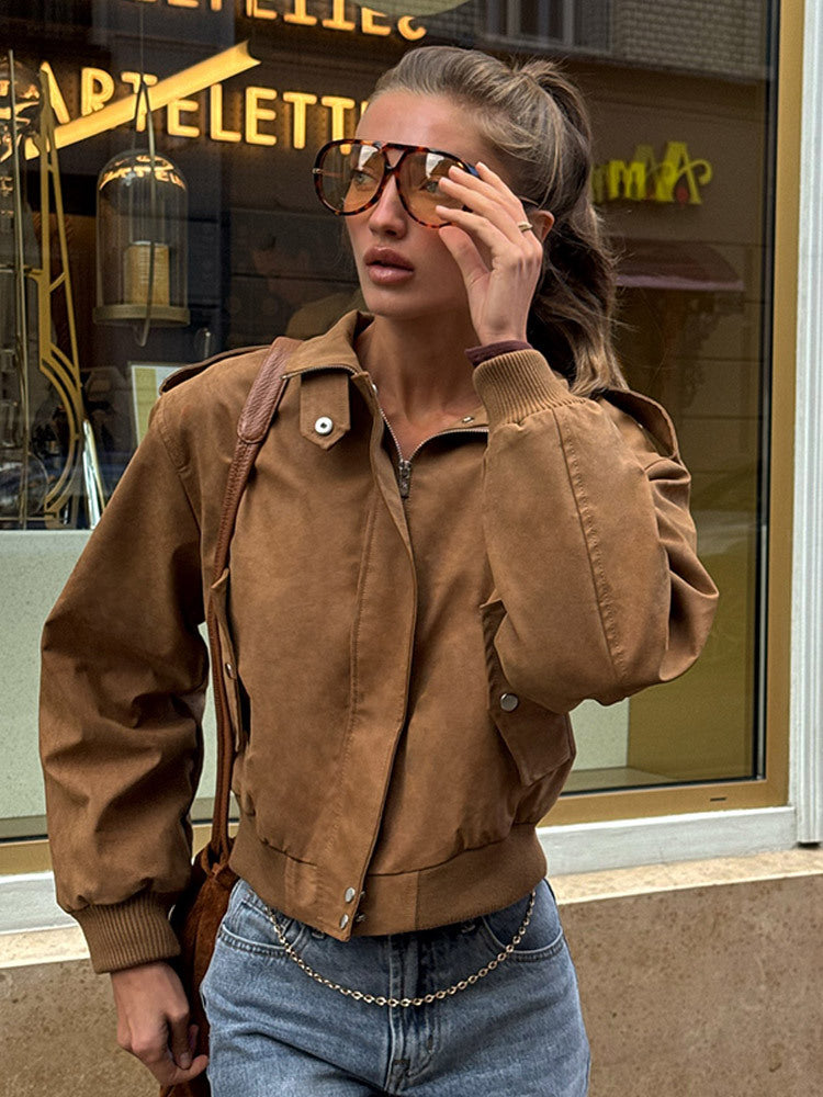 Women's short-cut bomber jacket made of faux suede with ribbed cuffs Mune Fashion