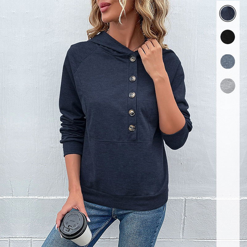Ladies hooded sweatshirt with asymmetric button placket and raglan sleeves Mune Fashion