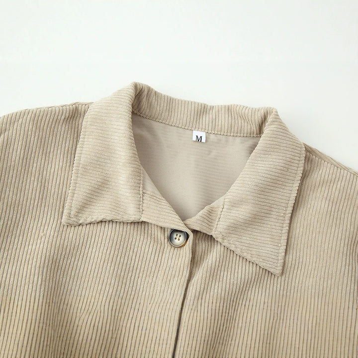 Women's Long Shirt Dress Made of Cord Rib with Continuous Button Placket, Shirt Collar, and Rounded Hem Mune Fashion
