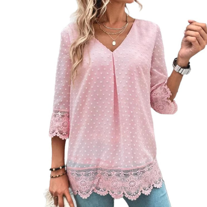 Ladies transparent chiffon blouse with polka dot structure, lace trim, V-neck and three-quarter sleeves Mune Fashion