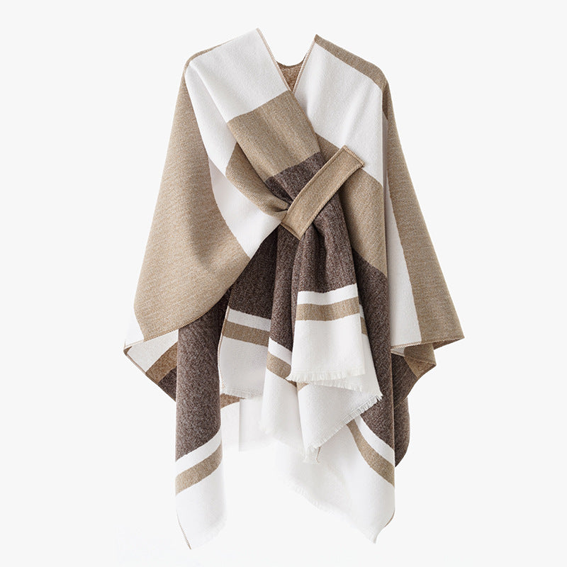 Women's oversized cape poncho made of wool blend with tie loop and striped border Mune Fashion