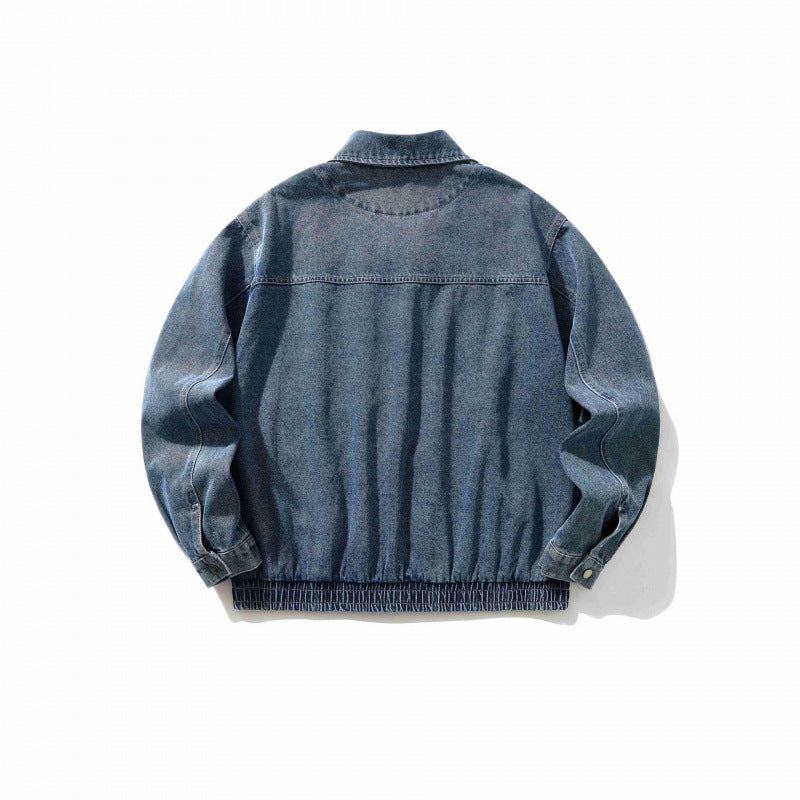 Men's Oversized Denim Jacket with Elastic Hem and Concealed Snap Button Placket Mune Fashion