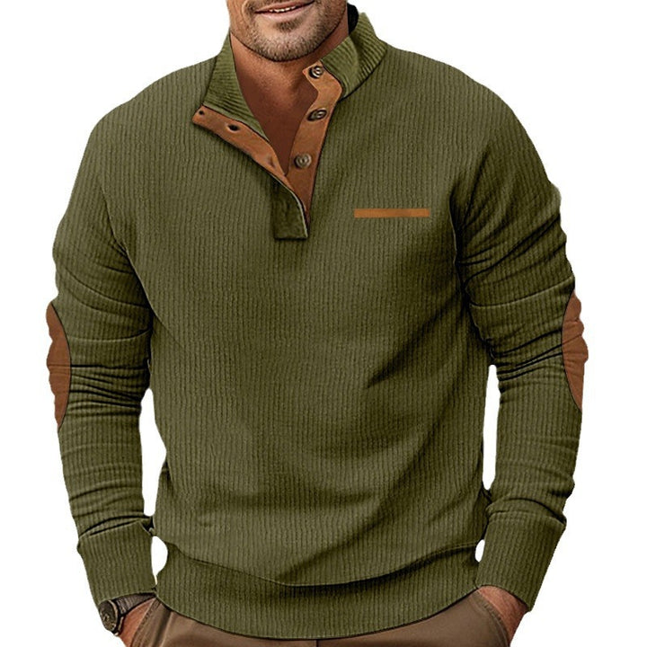 Men's structured half-button stand collar pullover with suede elbow patches Mune Fashion
