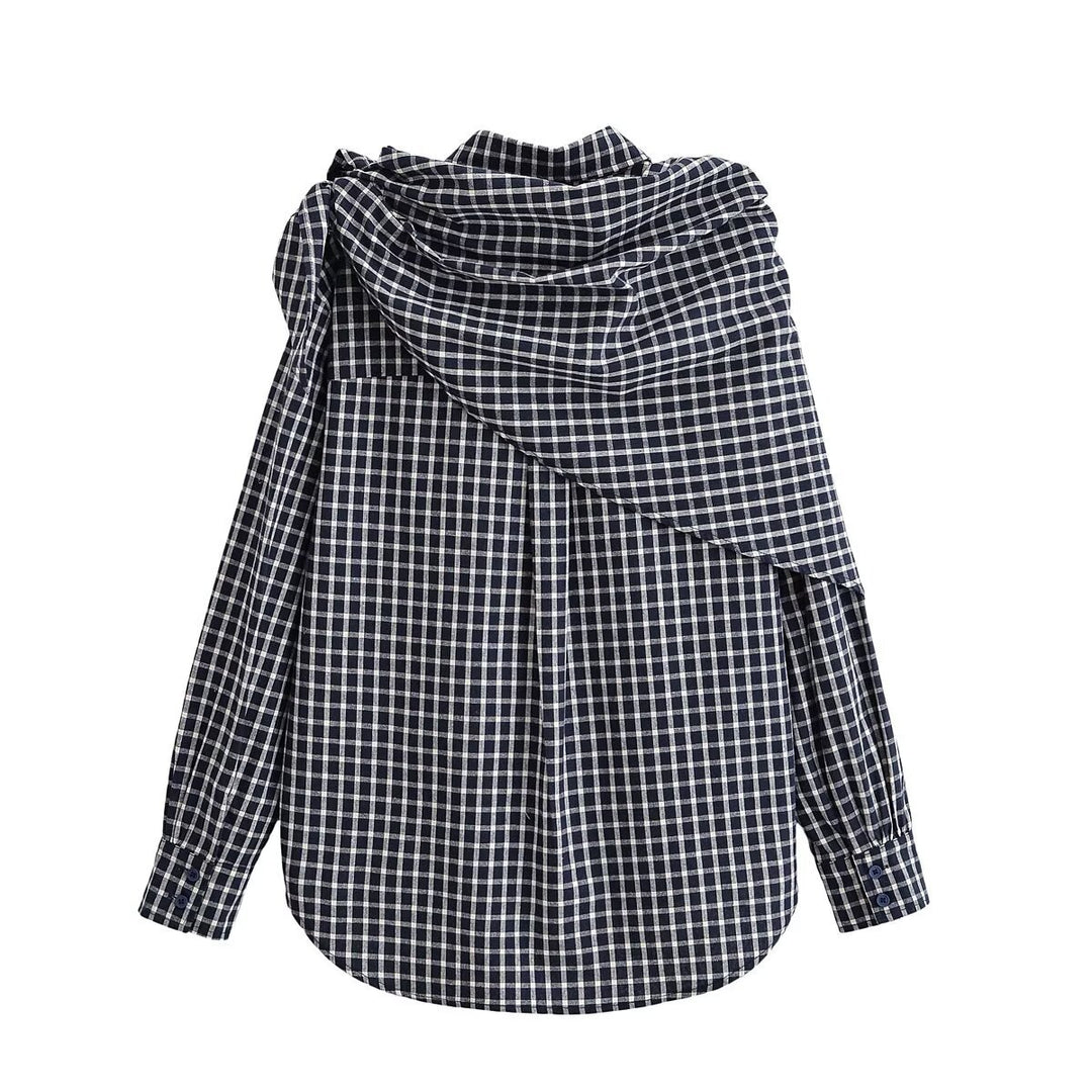 Women Asymmetrical Check Blouse with Integrated Scarf and Button Placket Mune Fashion