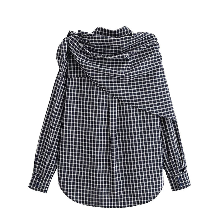 Women Asymmetrical Check Blouse with Integrated Scarf and Button Placket Mune Fashion