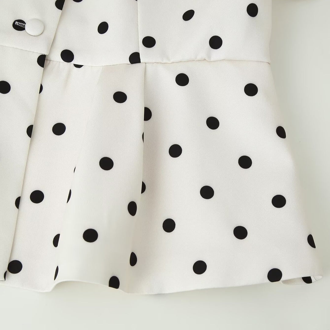 Women's Polka Dot Blouse with Stand Collar, Puff Sleeves, and Peplum Hem Mune Fashion