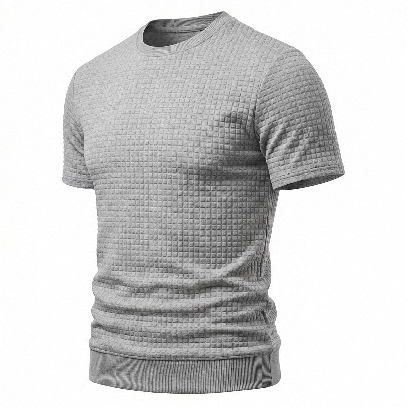 Men's short-sleeved knit shirt with embossed check structure, round neckline, and ribbed hem Mune Fashion
