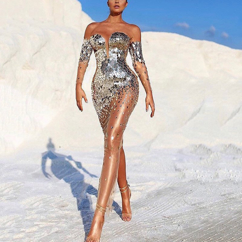 Women Sparkling Evening Dress with Transparent Sleeves Mune