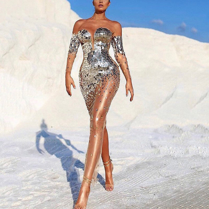 Women Sparkling Evening Dress with Transparent Sleeves Mune