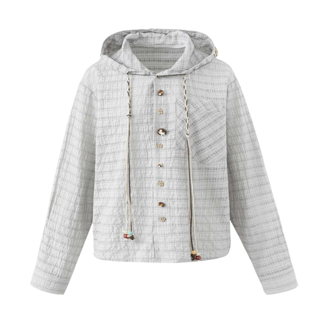 Women's Lightweight Hooded Jacket in Boxy Cut with Wooden Button Closure Mune Fashion