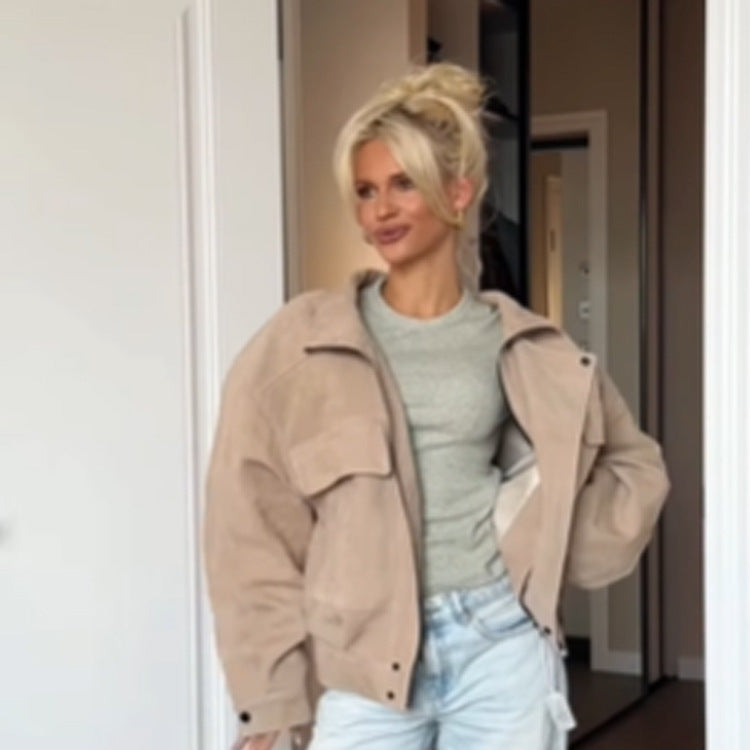 Women Oversize Suede Look Jacket with Flap Pockets and Stand-Up Collar Mune Fashion