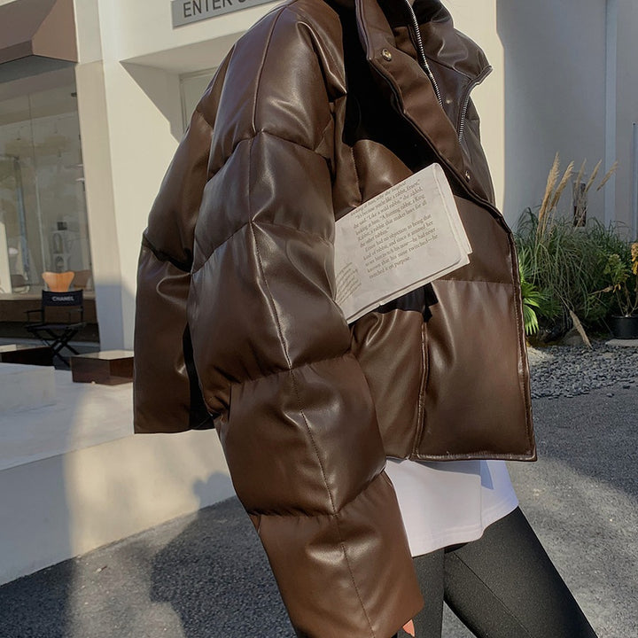 Women Fashionable Leather Down Jacket Mune Fashion