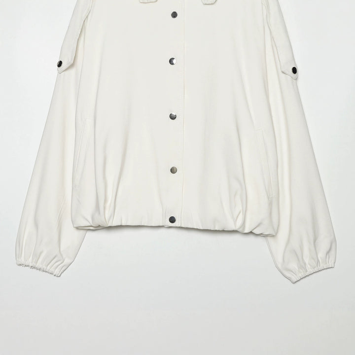 Women's oversized short jacket with high stand-up collar, snap button front, and patch arm pocket Mune Fashion