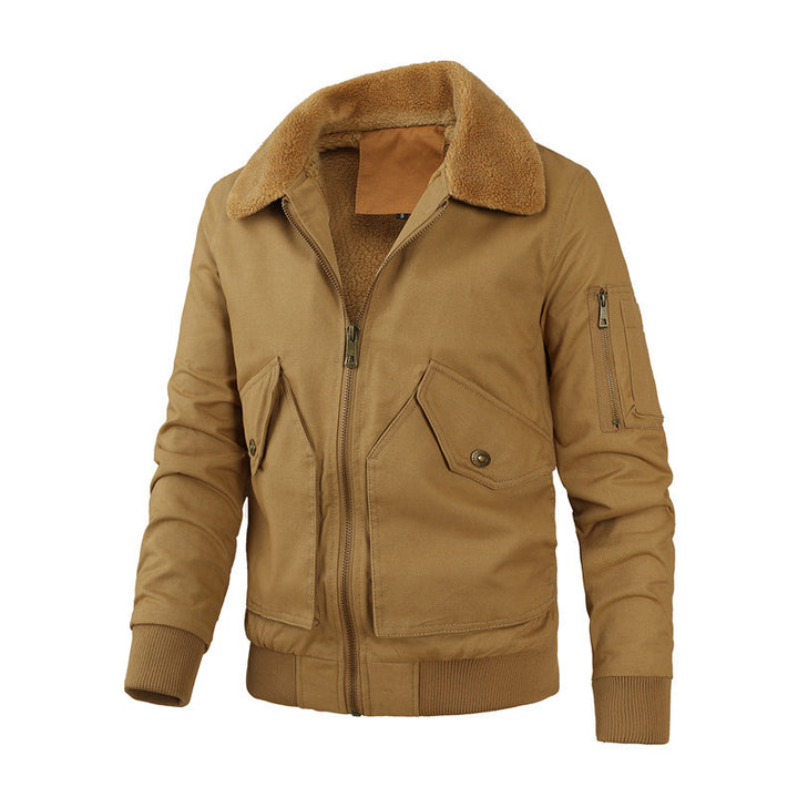 Men's canvas bomber jacket in work jacket style with warming lamb fleece collar and multiple pockets Mune Fashion
