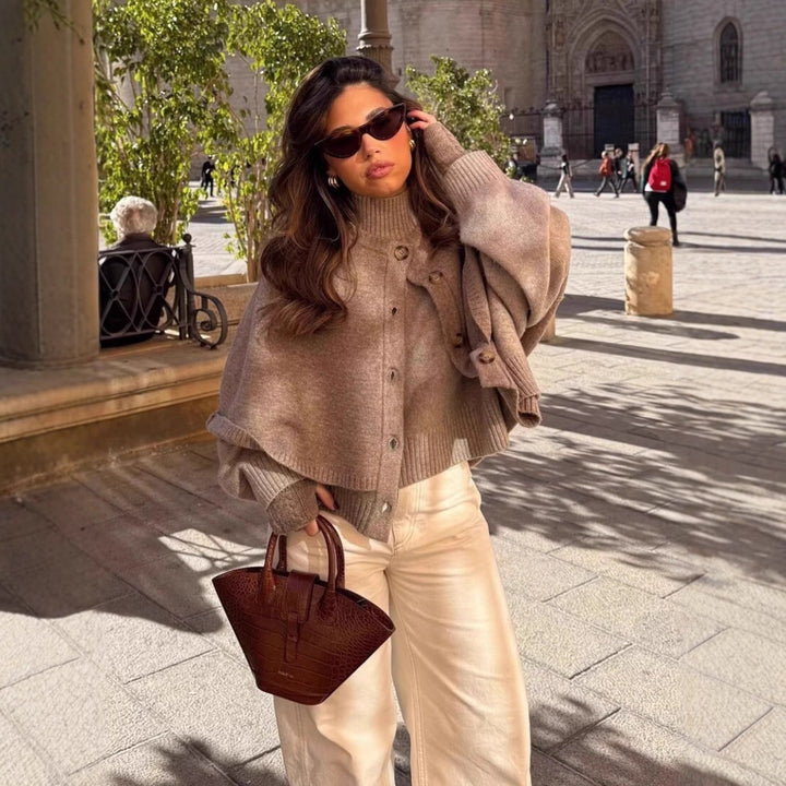 Women Cape Cardigan with Button Placket and Two-Layer Cape Mune Fashion