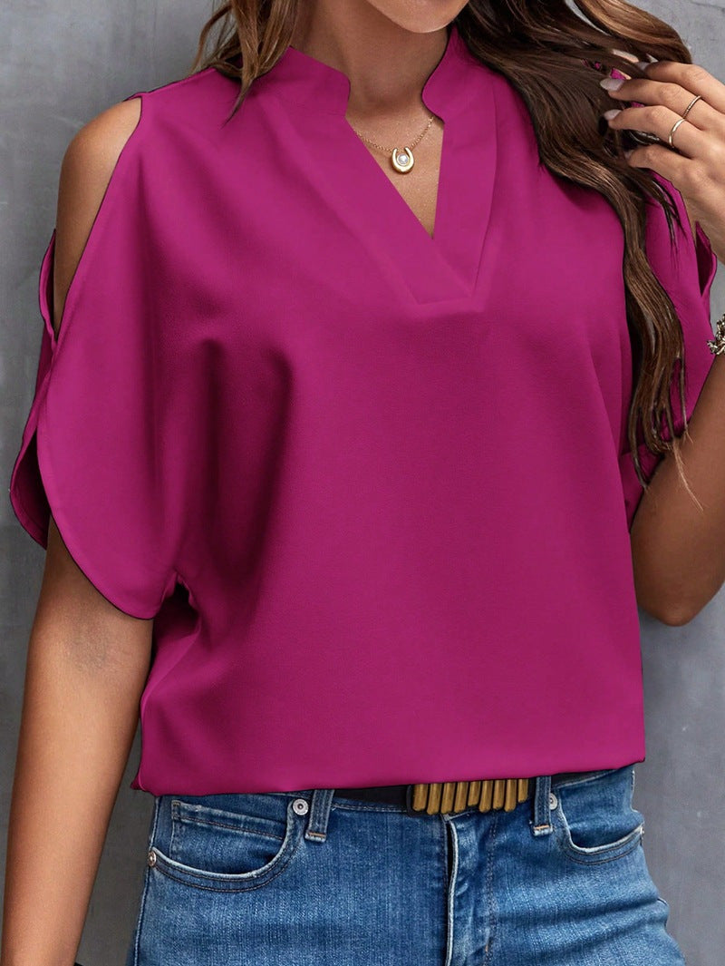 Women Off-Shoulder Chiffon Blouse with V-Neck and Stand-Up Collar Mune Fashion