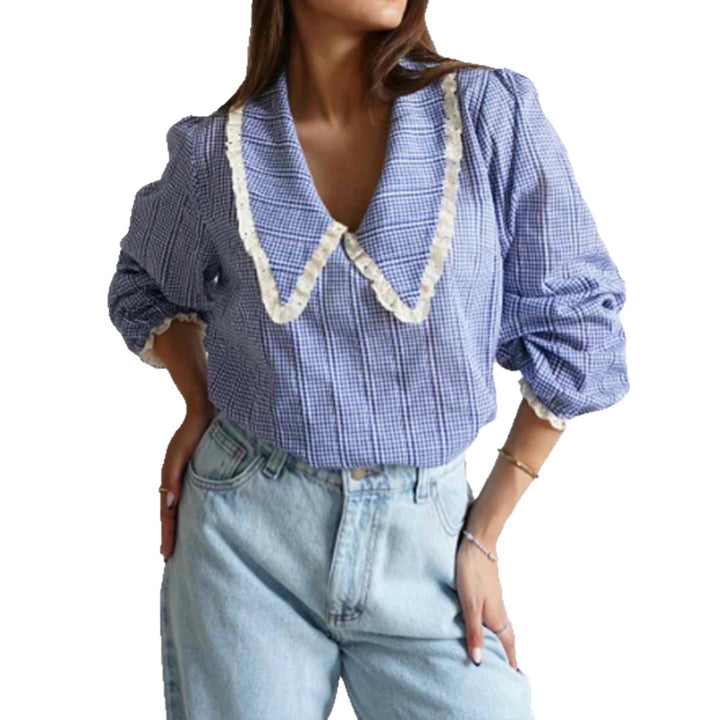 Women's Checked Blouse Shirt with Crochet Lace Trim and Balloon Sleeves Mune Fashion