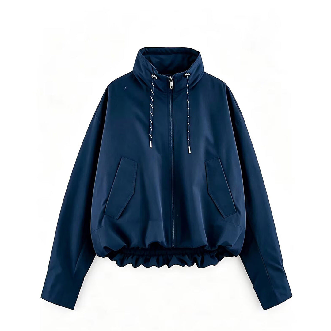 Women's Cropped Oversize Windbreaker with high funnel collar, drawstring and gathered elastic waistband Mune Fashion