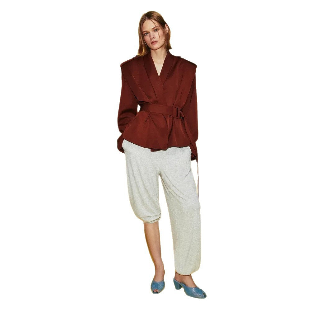 Women Tailored Wrap Blazer with Wide Belt and Decorative Epaulettes Mune Fashion