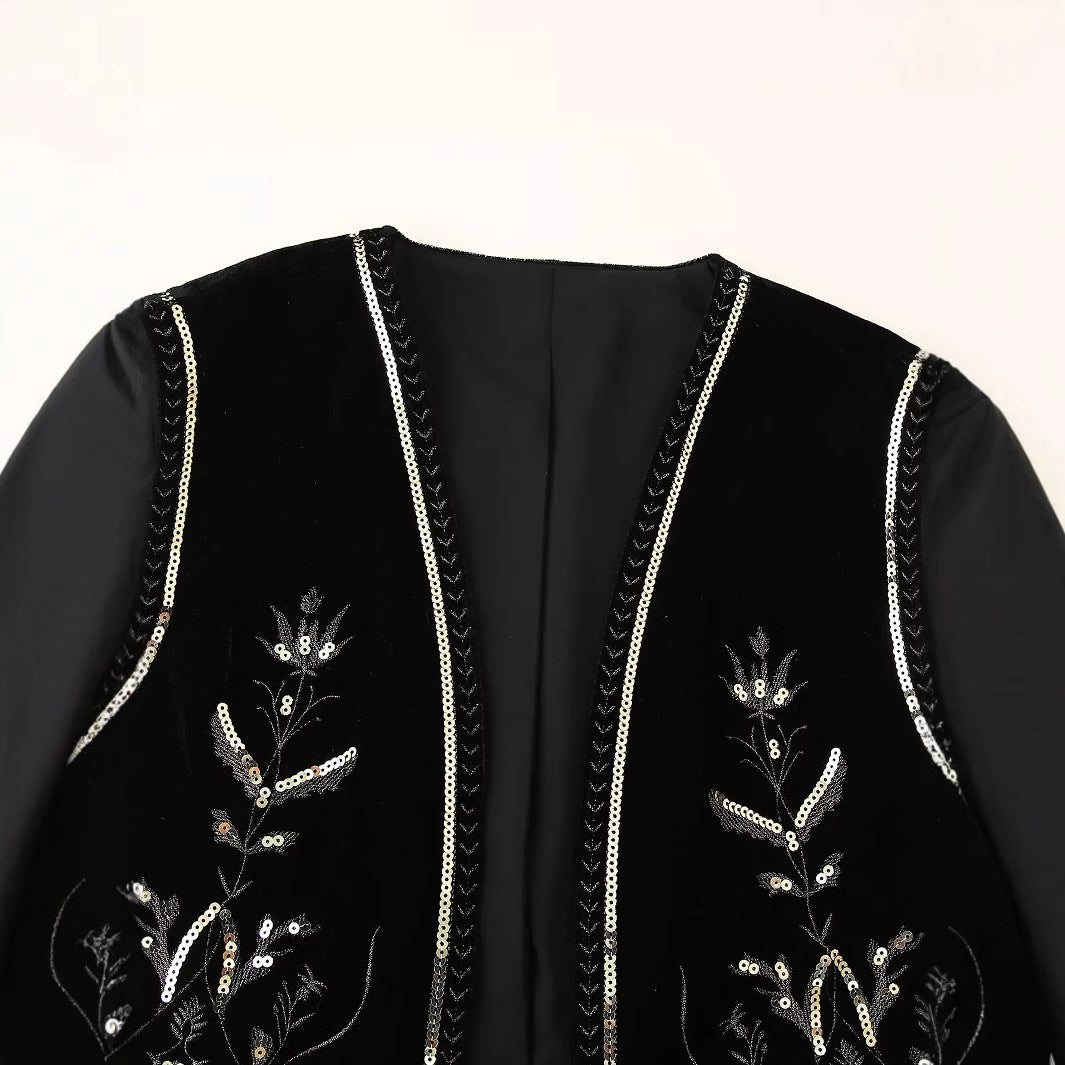Ladies embroidered velvet vest with sequin embellishment, V-neck and tailored fit Mune Fashion