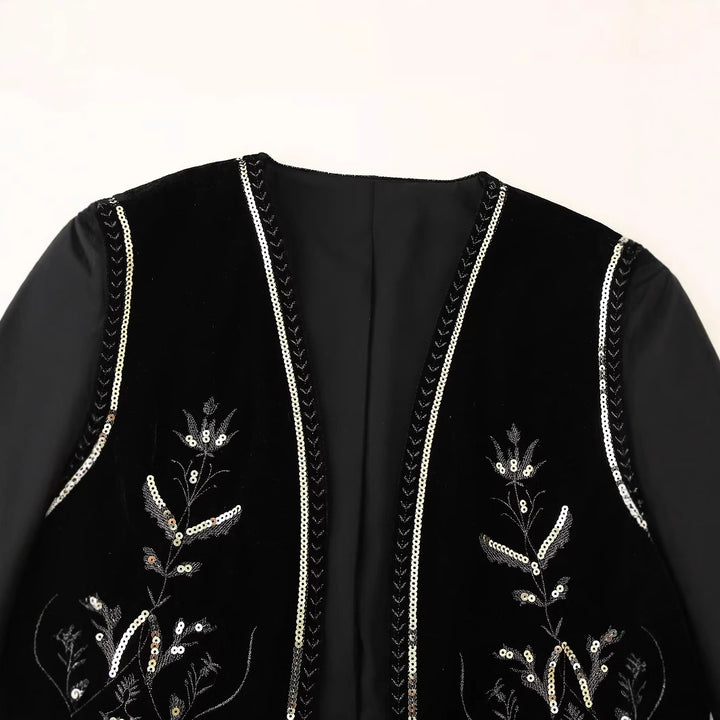 Ladies embroidered velvet vest with sequin embellishment, V-neck and tailored fit Mune Fashion