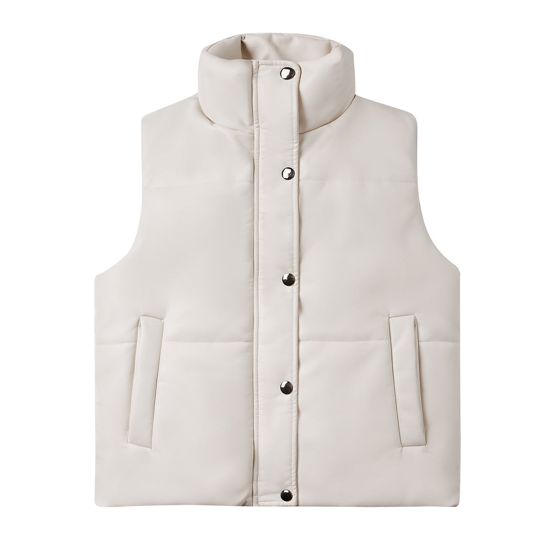 Women's quilted faux leather vest with high standing collar and concealed snap button placket Mune Fashion