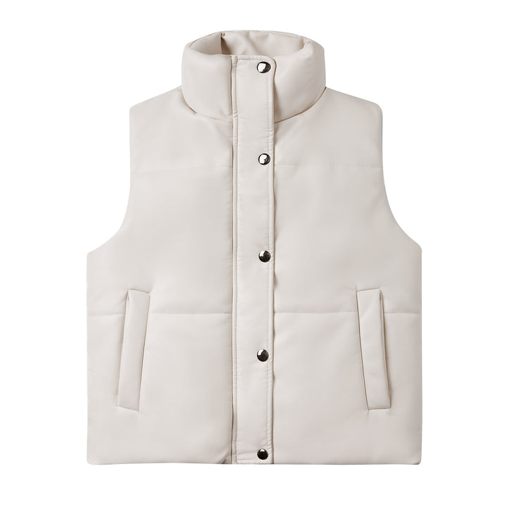 Women's quilted faux leather vest with high standing collar and concealed snap button placket Mune Fashion