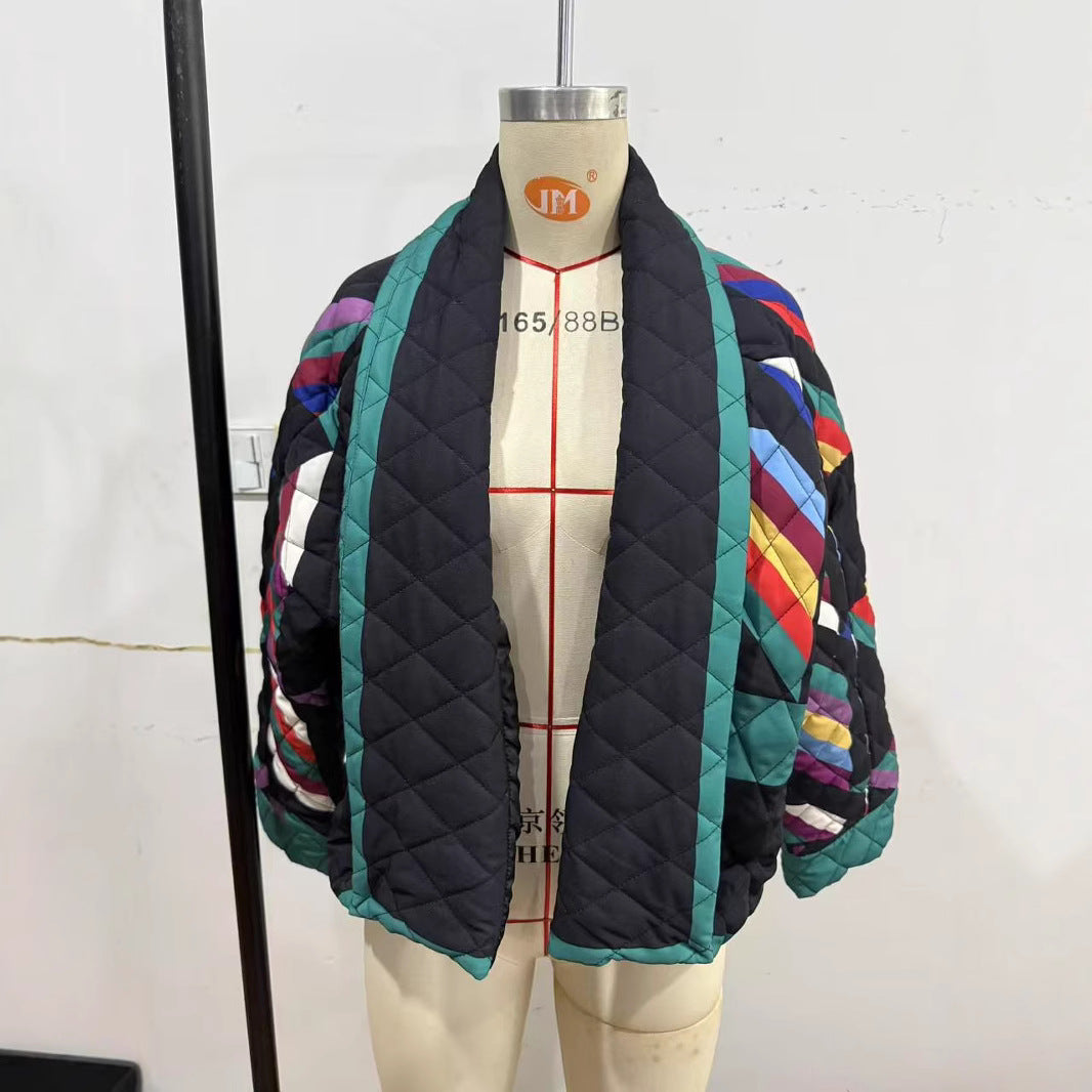 Women's padded kimono quilted jacket with patchwork design and wide sleeves Mune Fashion